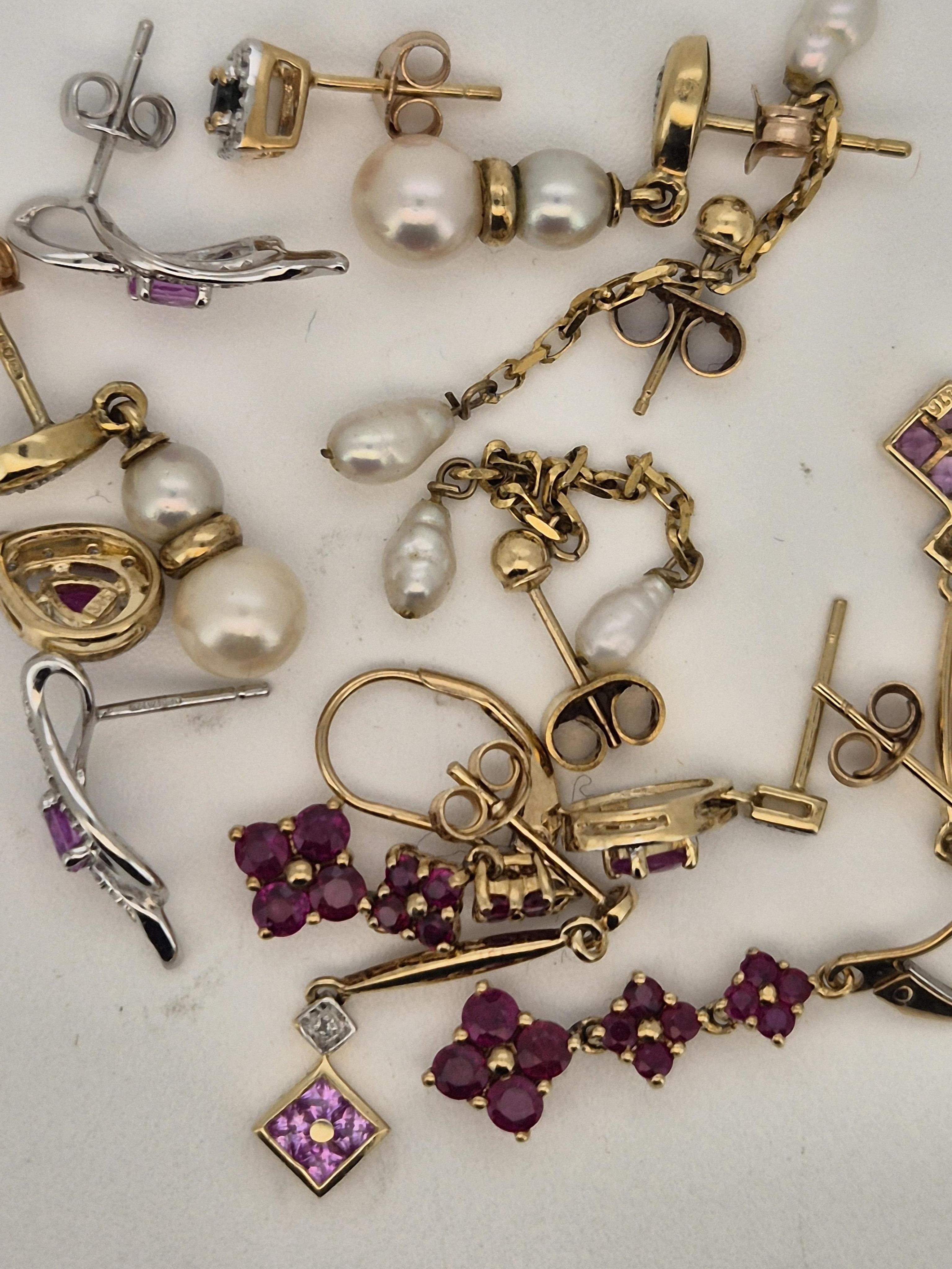 Seven assorted pairs of modern 9ct and gem set earrings, including ruby and diamond pear shaped cluster, sapphire and diamond square cluster, freshwater pearl double drop and two stone cultured pearl with diamond chip.